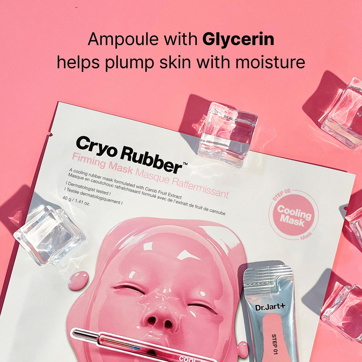 Dr.Jart+ mask in use on model demonstrating cooling application and smoothing effect