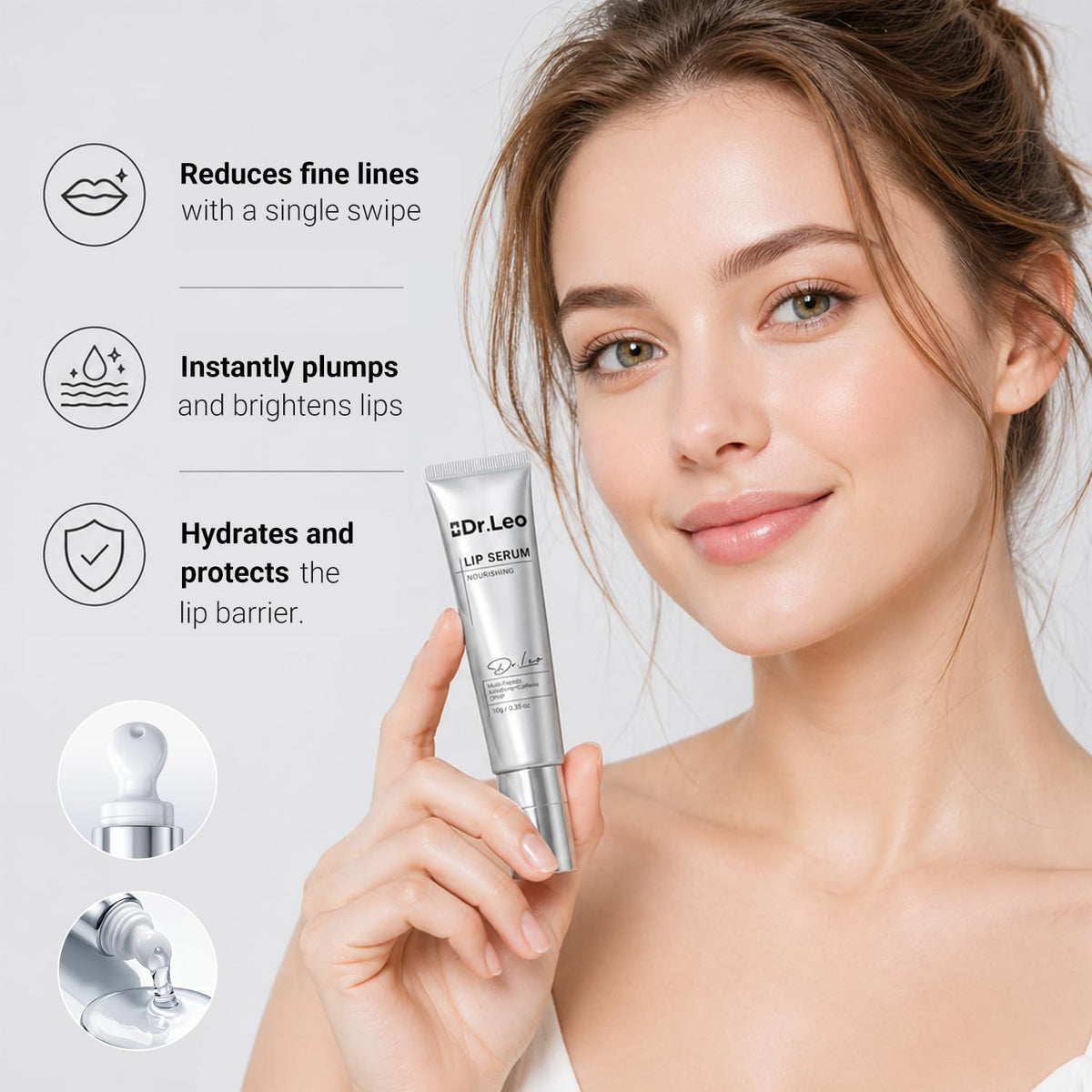 Dr.Leo lip serum applied on lips demonstrating instant plump and natural sheen
