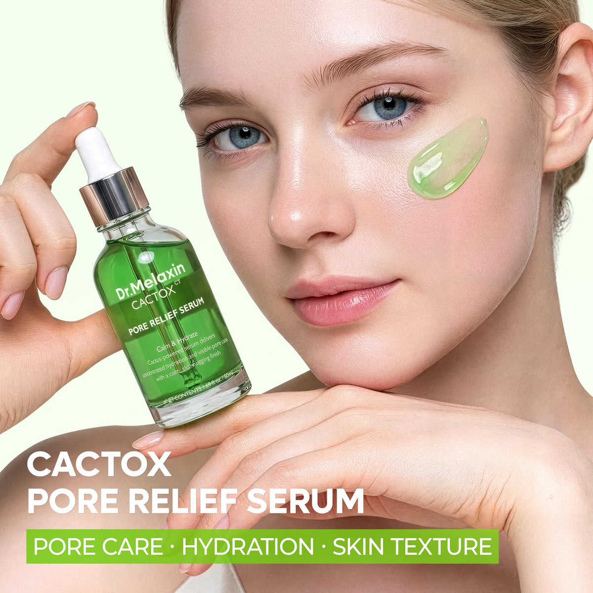 Dr.Melaxin dropper dispensing clear serum illustrating controlled application