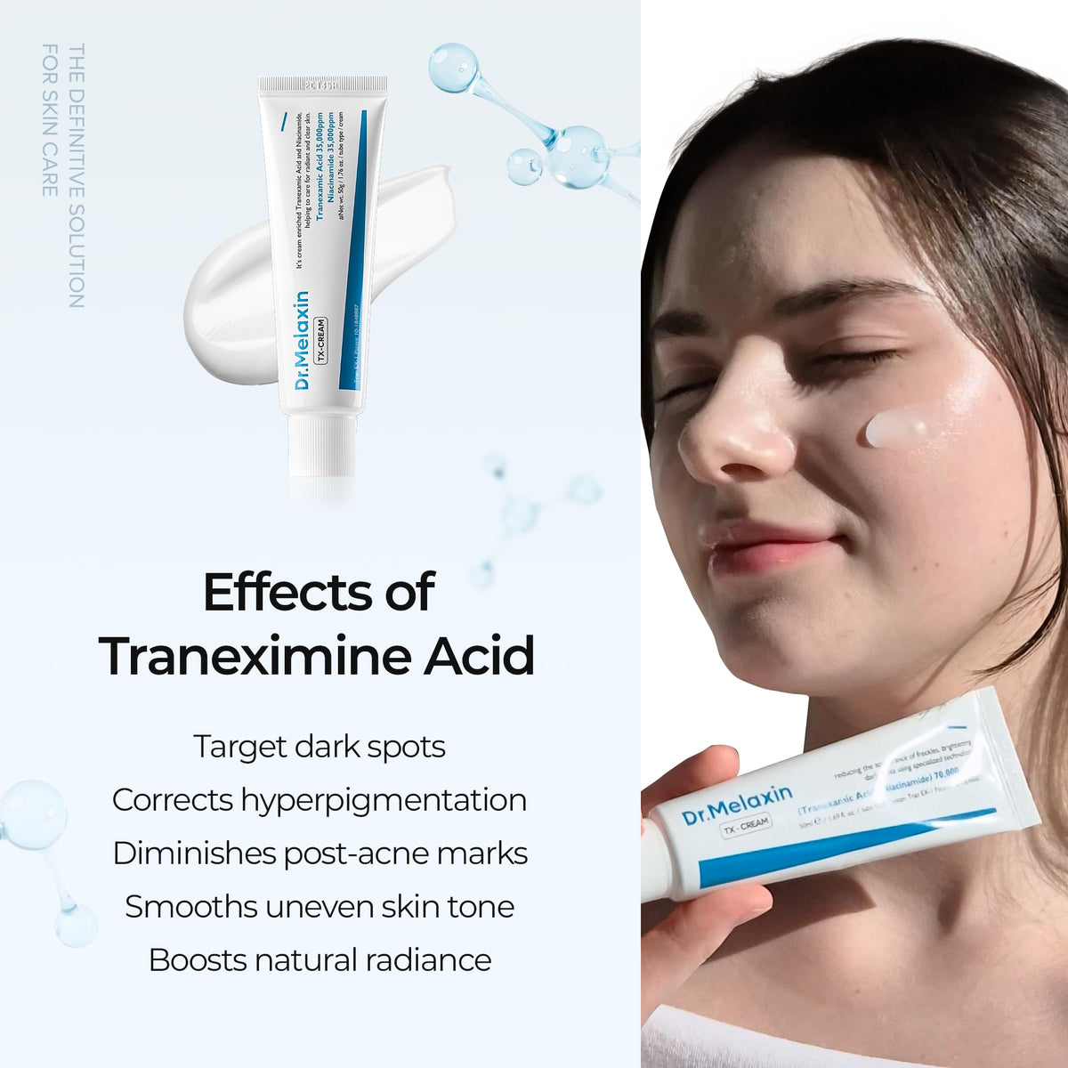 Dr.Melaxin product label listing tranexamic acid and niacinamide benefits
