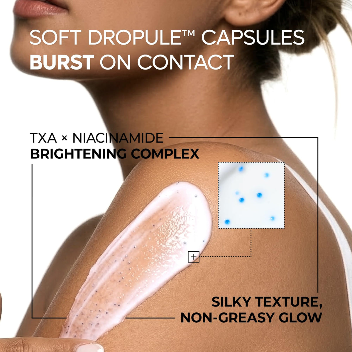 Dr.Melaxin cream on hand demonstrating capsule burst benefit