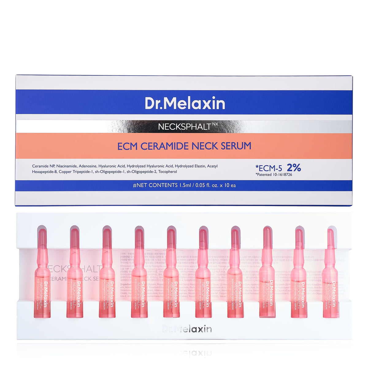 Dr.Melaxin front box and ampoules showing neat packaging and clinical appearance for targeted neck care