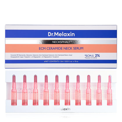 Dr.Melaxin front box and ampoules showing neat packaging and clinical appearance for targeted neck care