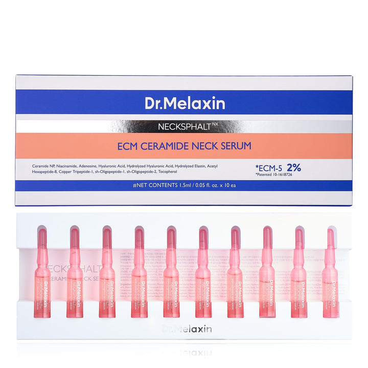 Dr.Melaxin front box and ampoules showing neat packaging and clinical appearance for targeted neck care