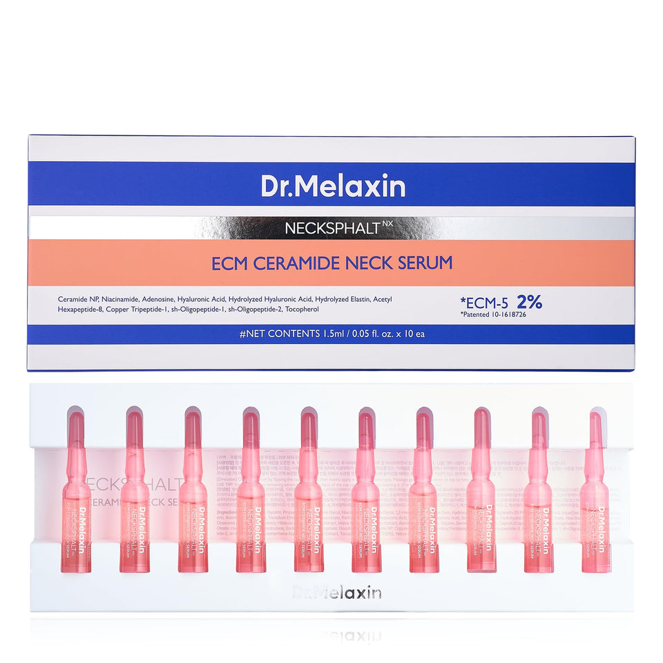 Dr.Melaxin front box and ampoules showing neat packaging and clinical appearance for targeted neck care