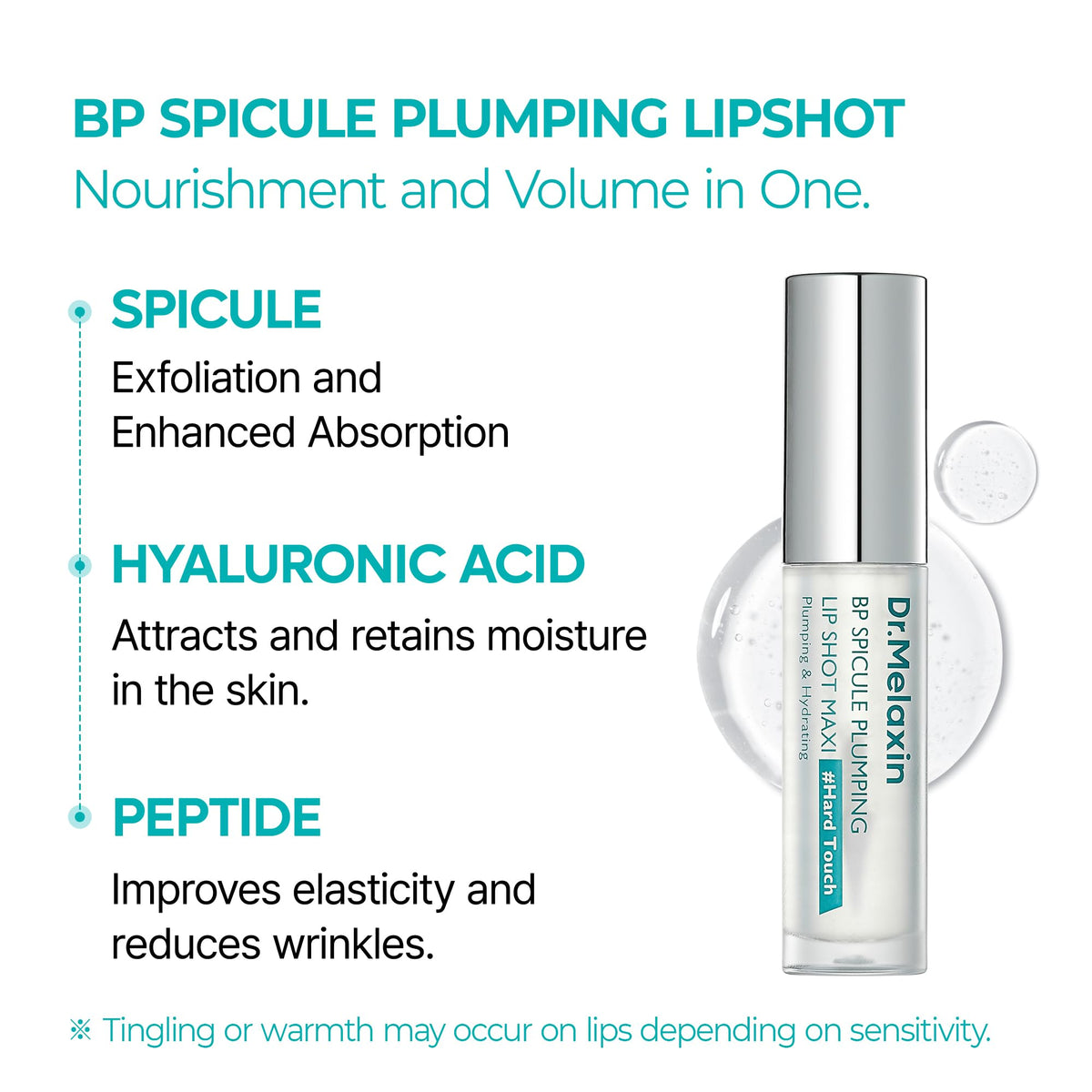 Dr.Melaxin ingredient label close-up listing hyaluronic acid and peptides for ingredient transparency