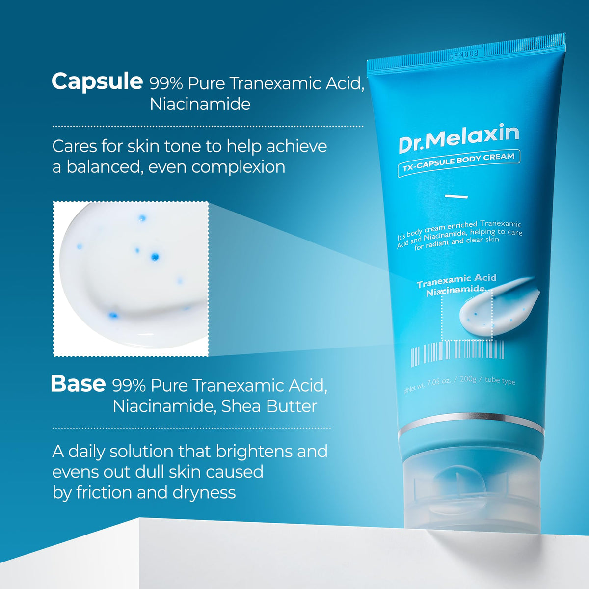 Dr.Melaxin label close-up highlighting tranexamic acid and niacinamide