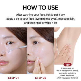 Dr.Melaxin label close-up showing key actives for targeted exfoliation