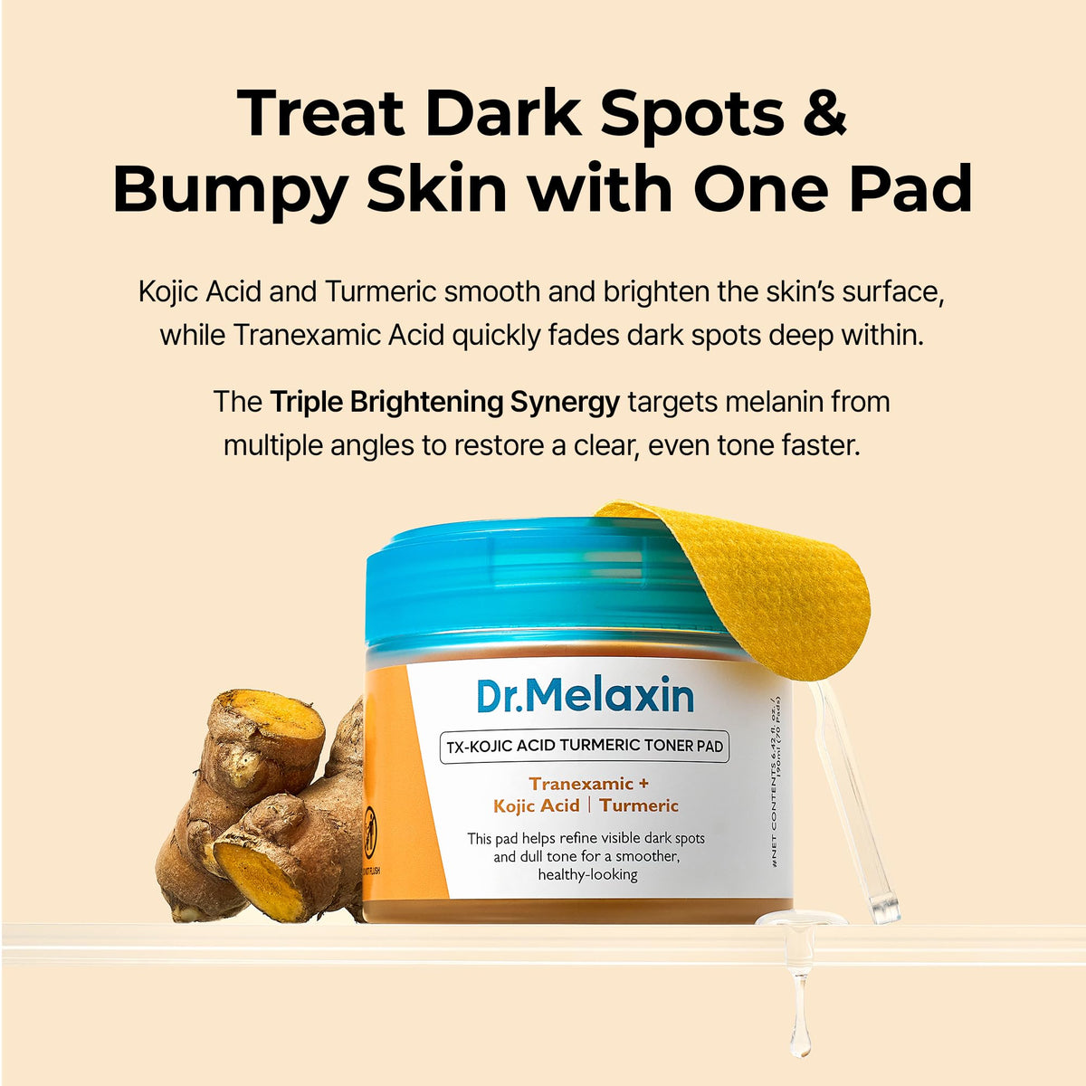 Dr.Melaxin pad applied to arm spot illustrating targeted body pigmentation care