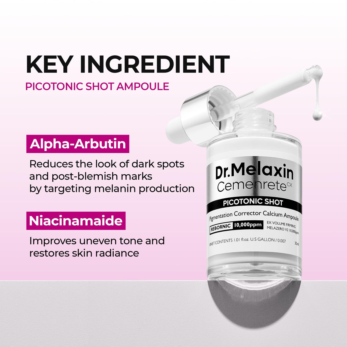 Dr.Melaxin closeup of dropper dispensing serum, highlighting lightweight texture