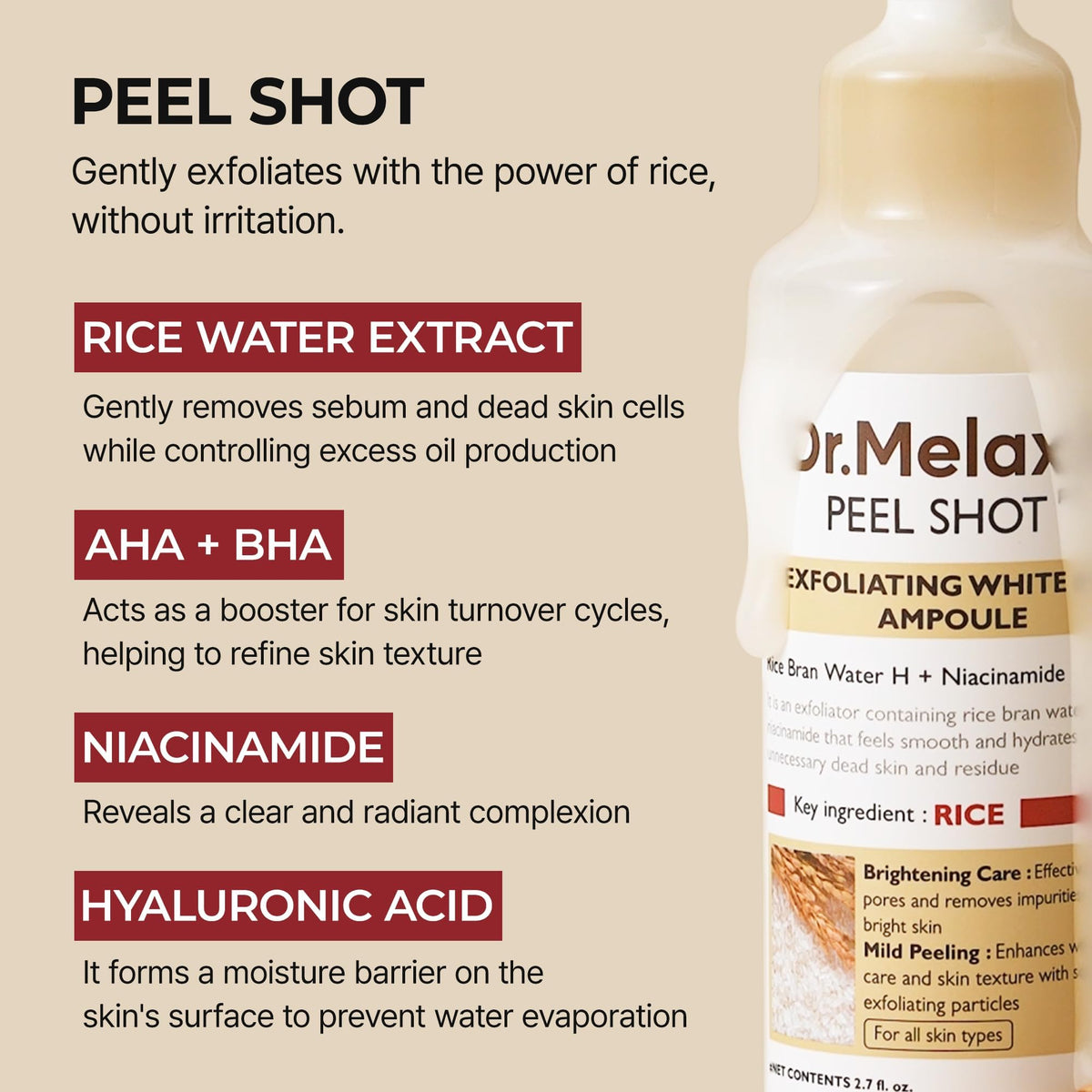 Dr.Melaxin bottle beside rice grains illustrating natural rice nutrients