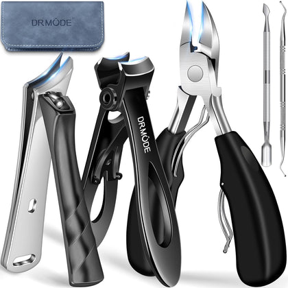 DRMODE front view of five-piece toenail clipper set, organized for convenient use