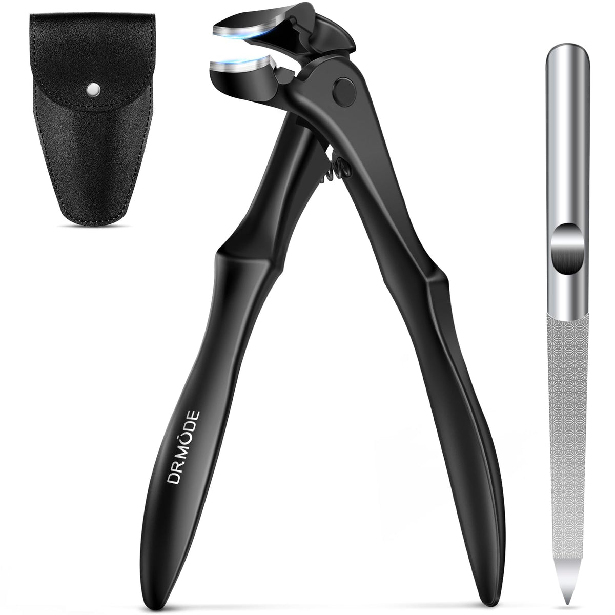 DRMODE front view of long-handled toenail clippers showing ergonomic shape and benefit