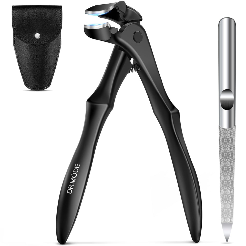 DRMODE front view of long-handled toenail clippers showing ergonomic shape and benefit