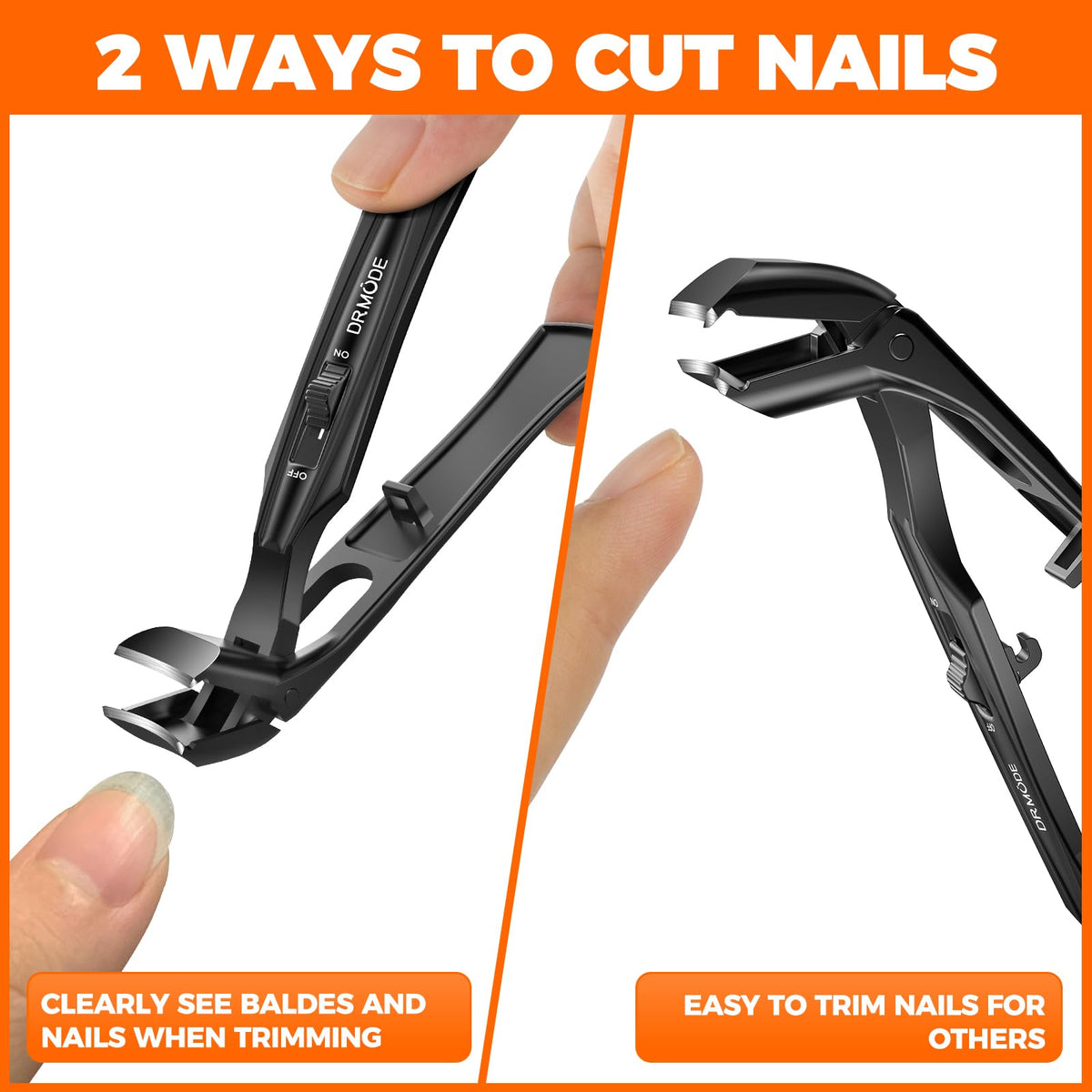 DRMODE in use by a senior trimming toenails with comfort and control