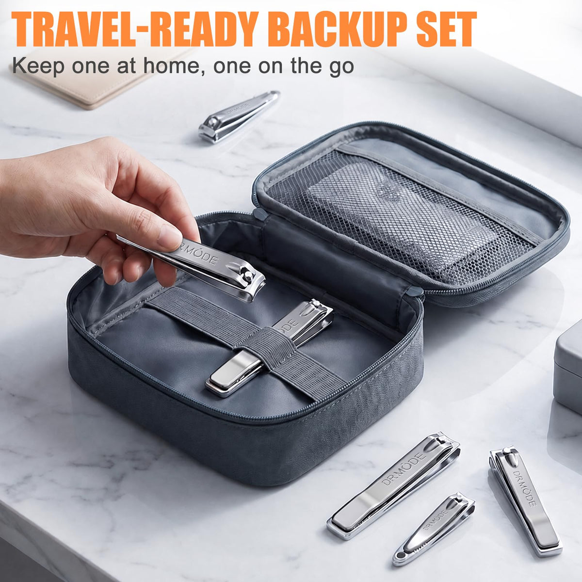 DRMODE clipper hanging on keyring via keyhole for travel-ready accessibility