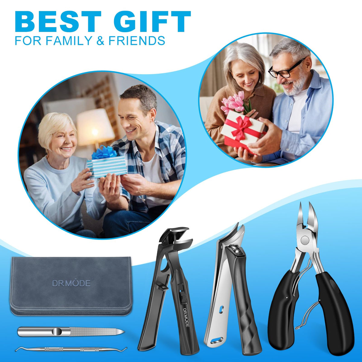 DRMODE lifestyle image of senior trimming toenails safely using ergonomic tools