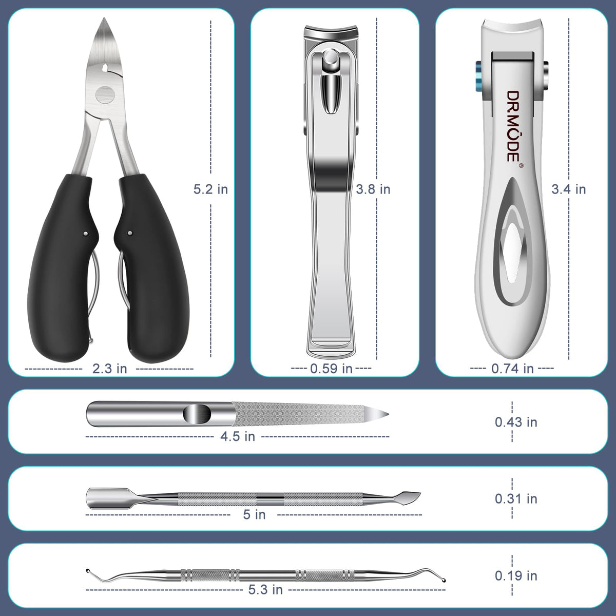 DRMODE clippers beside a finger for scale demonstrating large, professional size