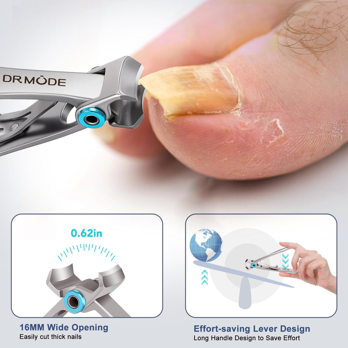 DRMODE wide jaw opened to 16mm demonstrating ability to trim very thick nails