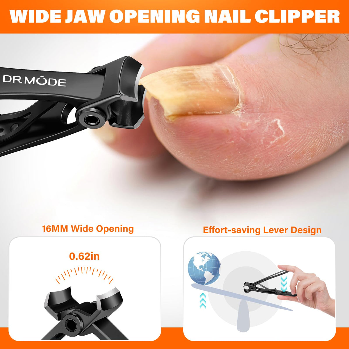 DRMODE detail of wide jaw opening demonstrating large capacity for thick nails benefit