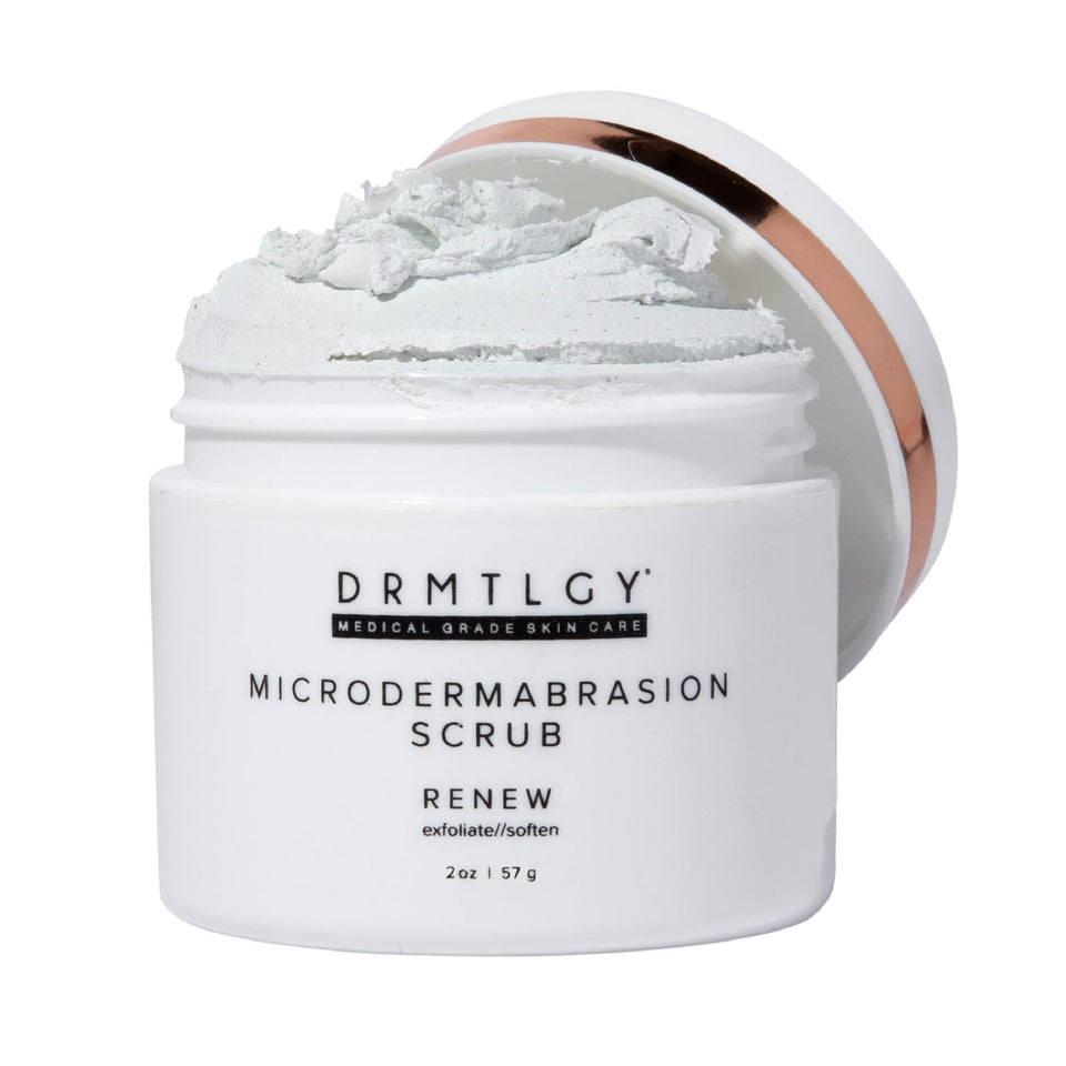 DRMTLGY front packaging of 2 oz microdermabrasion scrub shows product and benefit