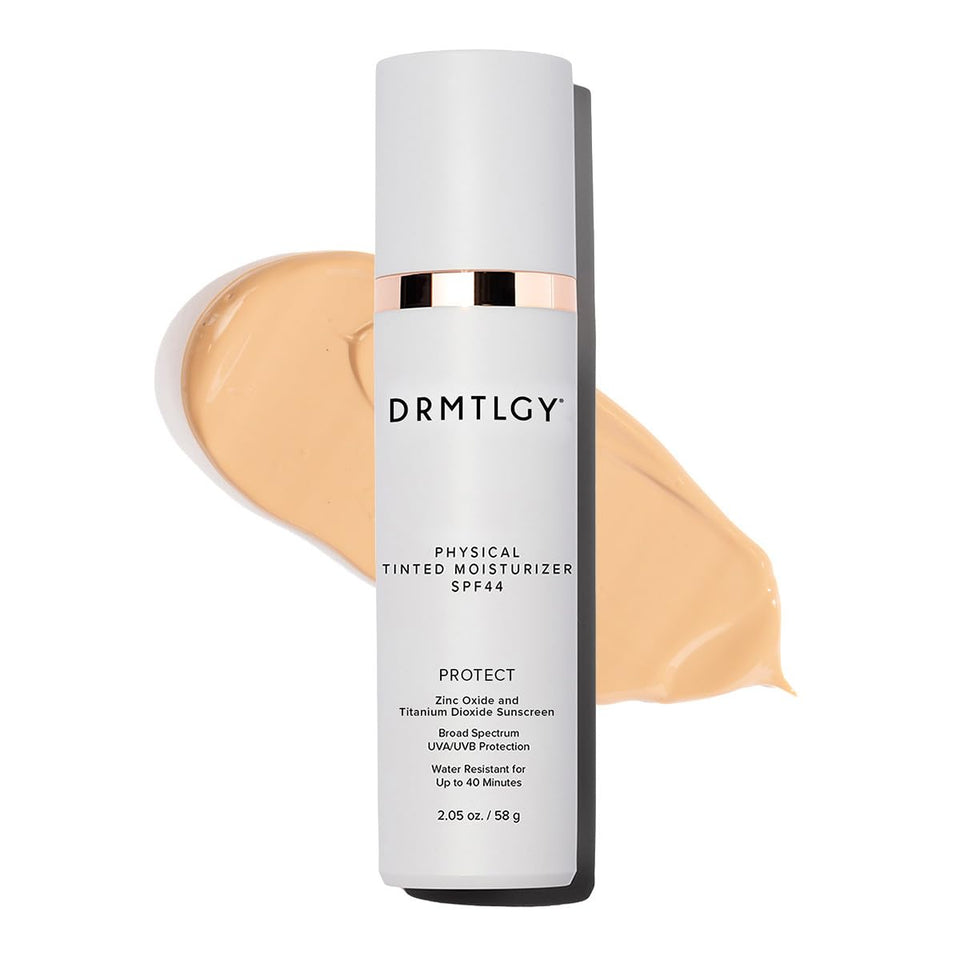 DRMTLGY product front packaging showing SPF 44 and universal tint benefit