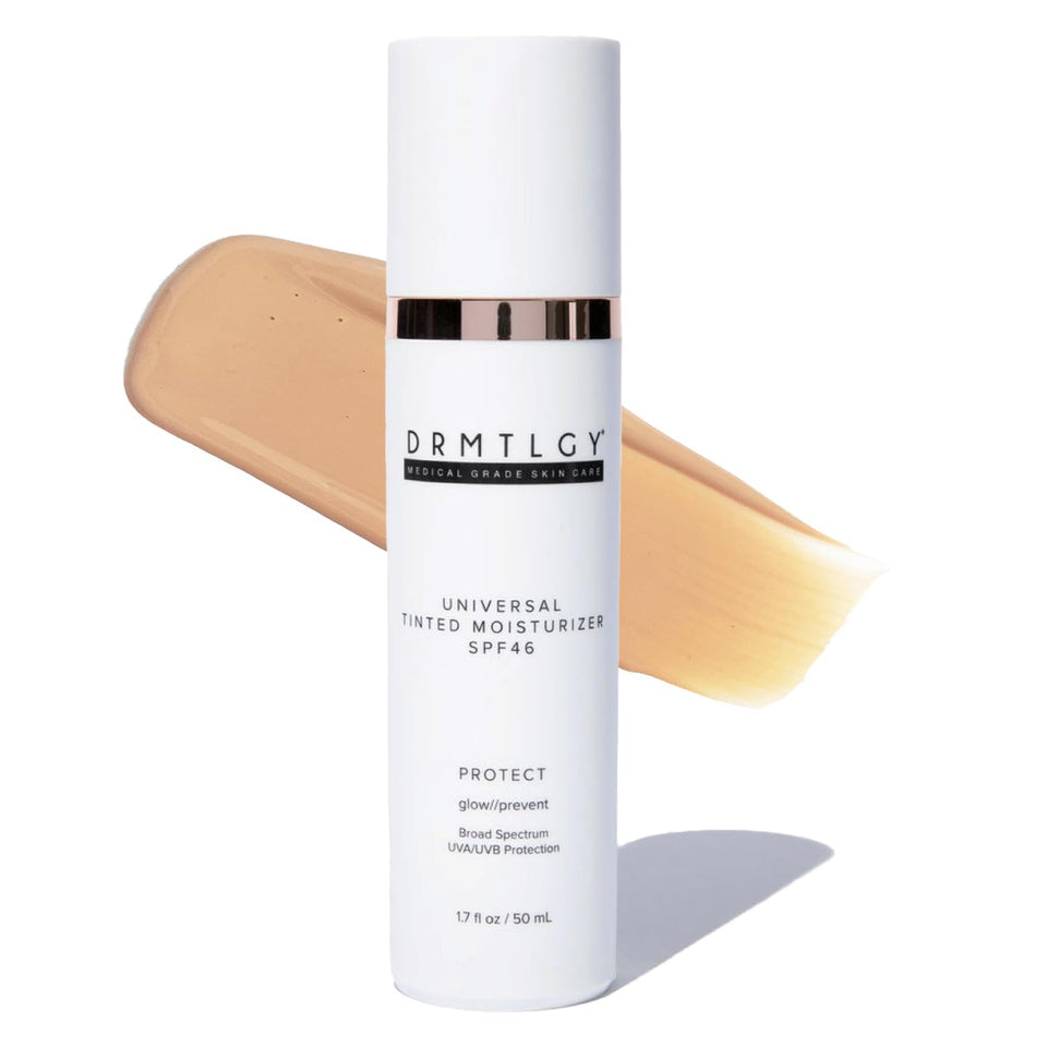 DRMTLGY tube front view showing SPF 46 and tinted moisturizer benefits