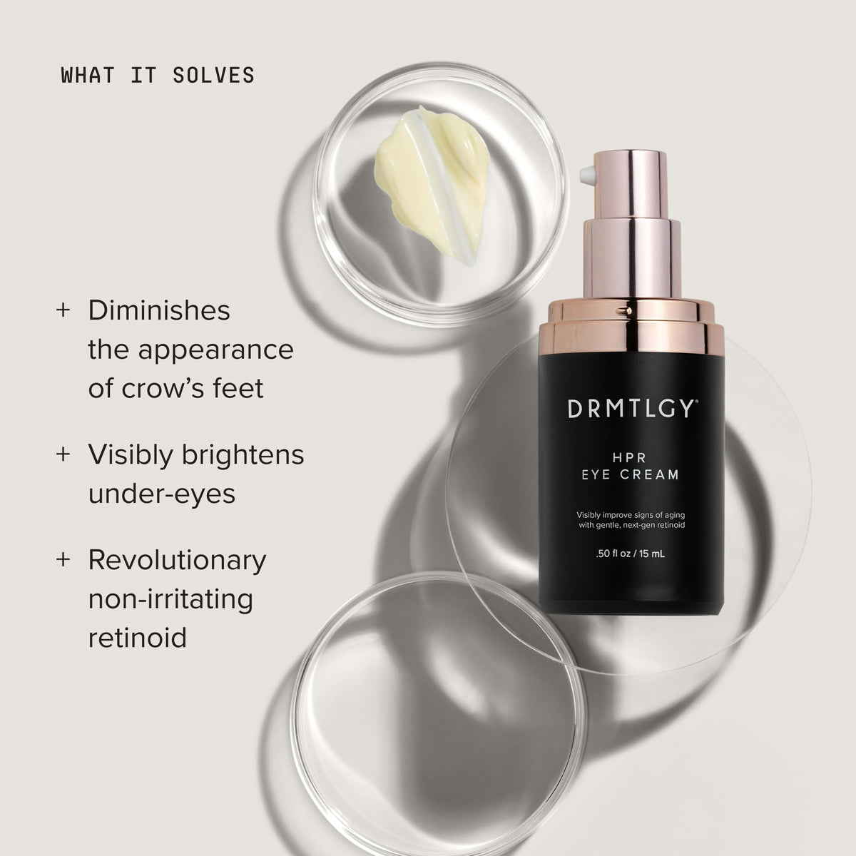 DRMTLGY HPR eye cream texture close-up showing lightweight non-greasy hydration
