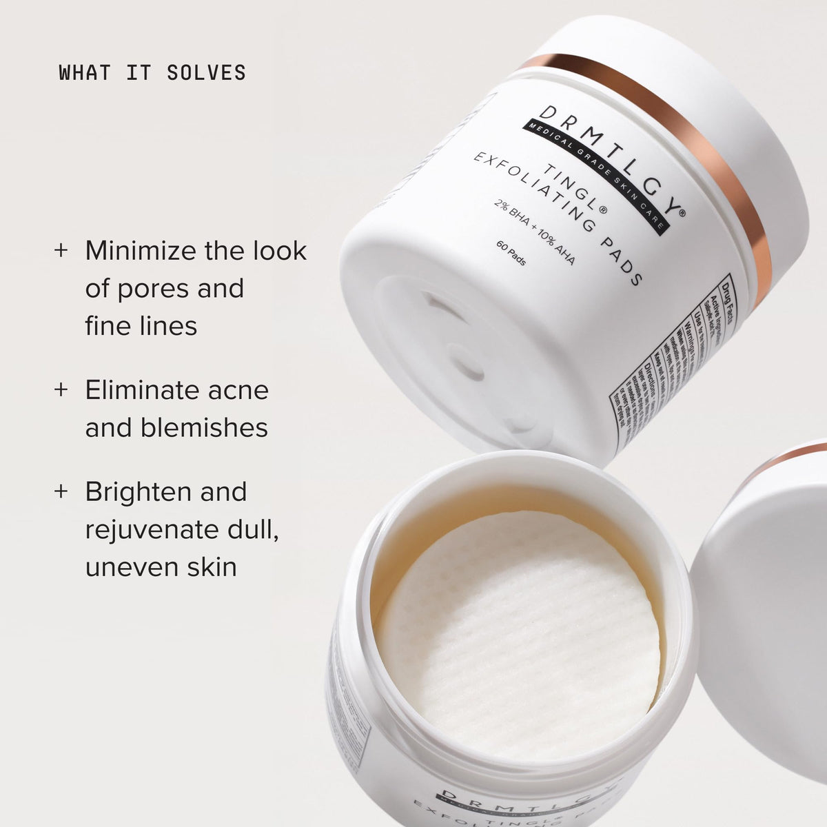 DRMTLGY ingredient label highlighting glycolic, lactic, and salicylic acids benefits