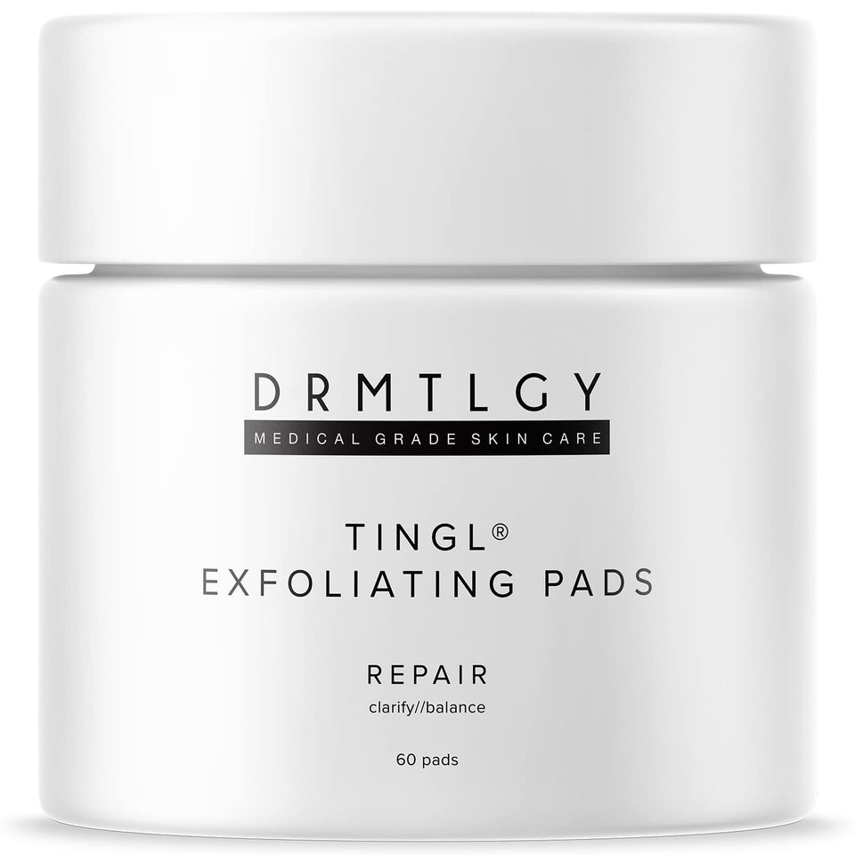 DRMTLGY front packaging showing 60-count exfoliating pads for convenient treatment