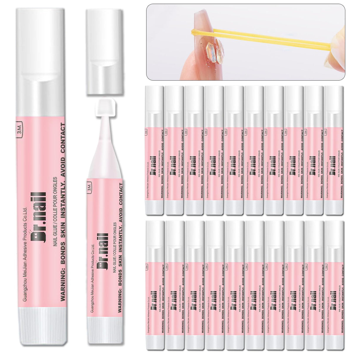 Dr.nail front packaging showing 20 sealed glue tubes and product benefits