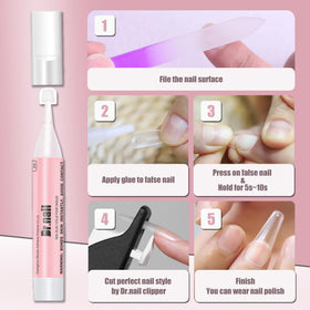 Dr.nail hand applying press-on nail illustrating quick bonding benefit