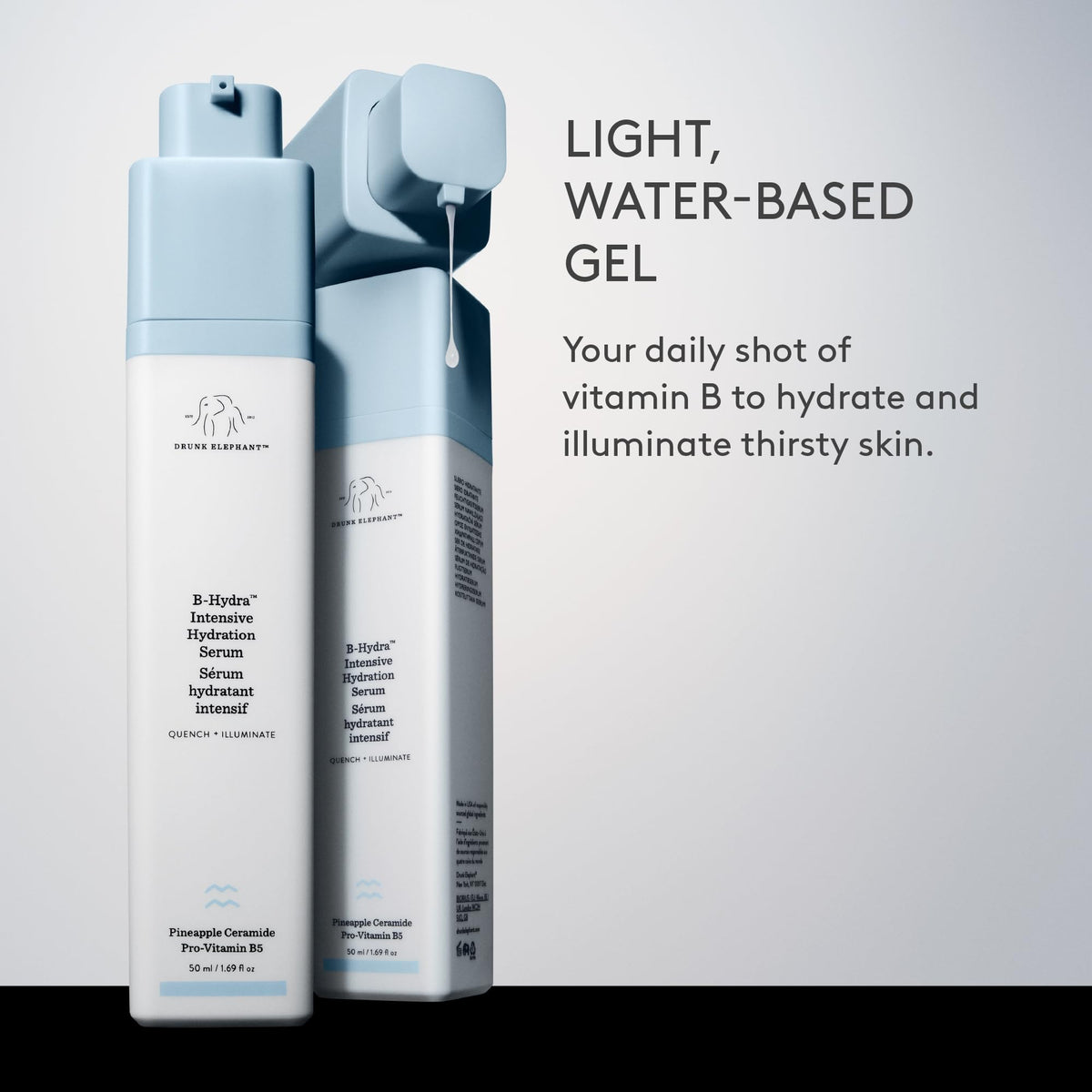 Drunk Elephant B-Hydra gel-serum texture close-up illustrating lightweight absorption and hydration