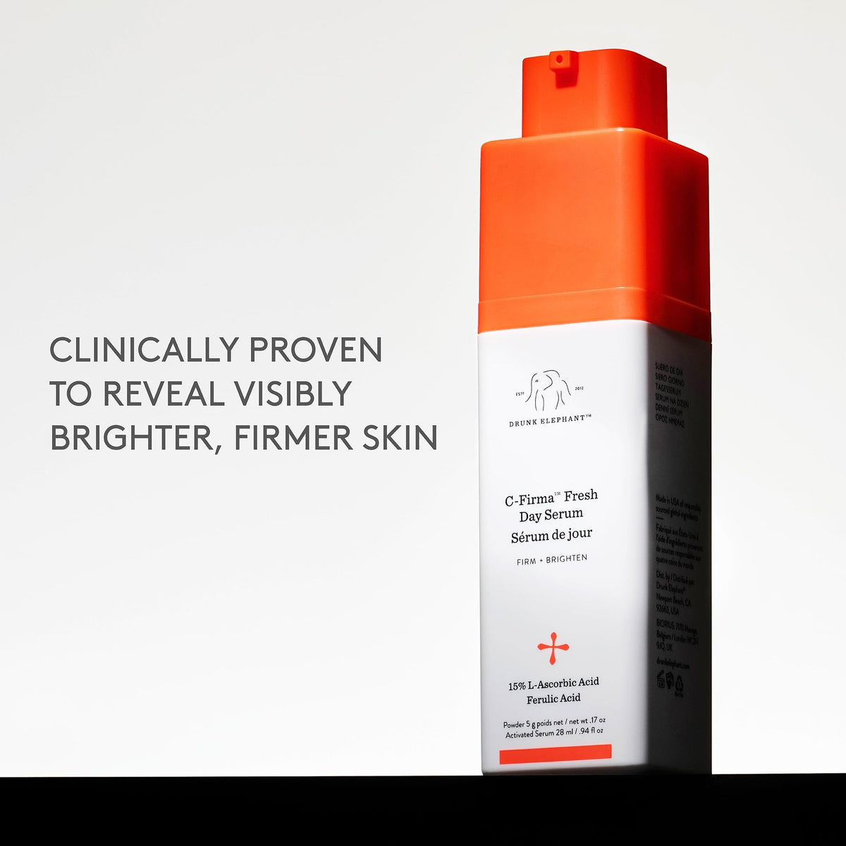Drunk Elephant label listing key actives like 15% vitamin C and ferulic acid