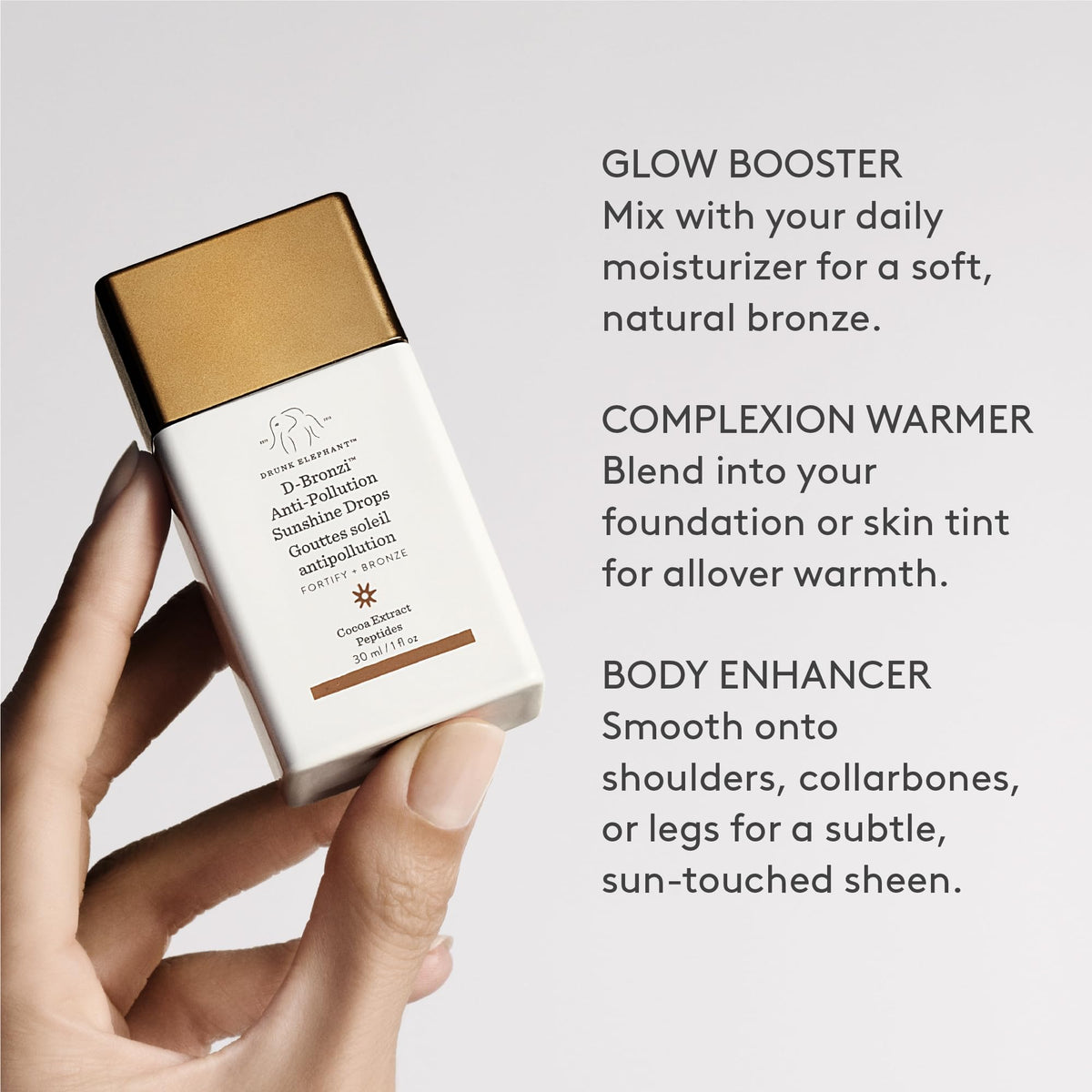 Drunk Elephant D-Bronzi label close-up highlighting peptide and antioxidant ingredients