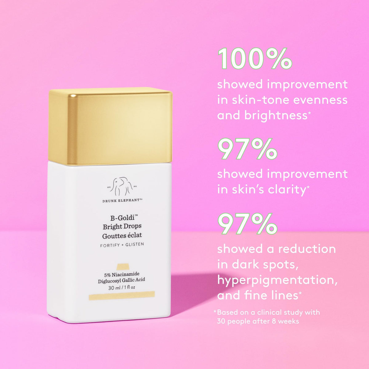 Drunk Elephant dropper dispensing a drop for precise, buildable glow