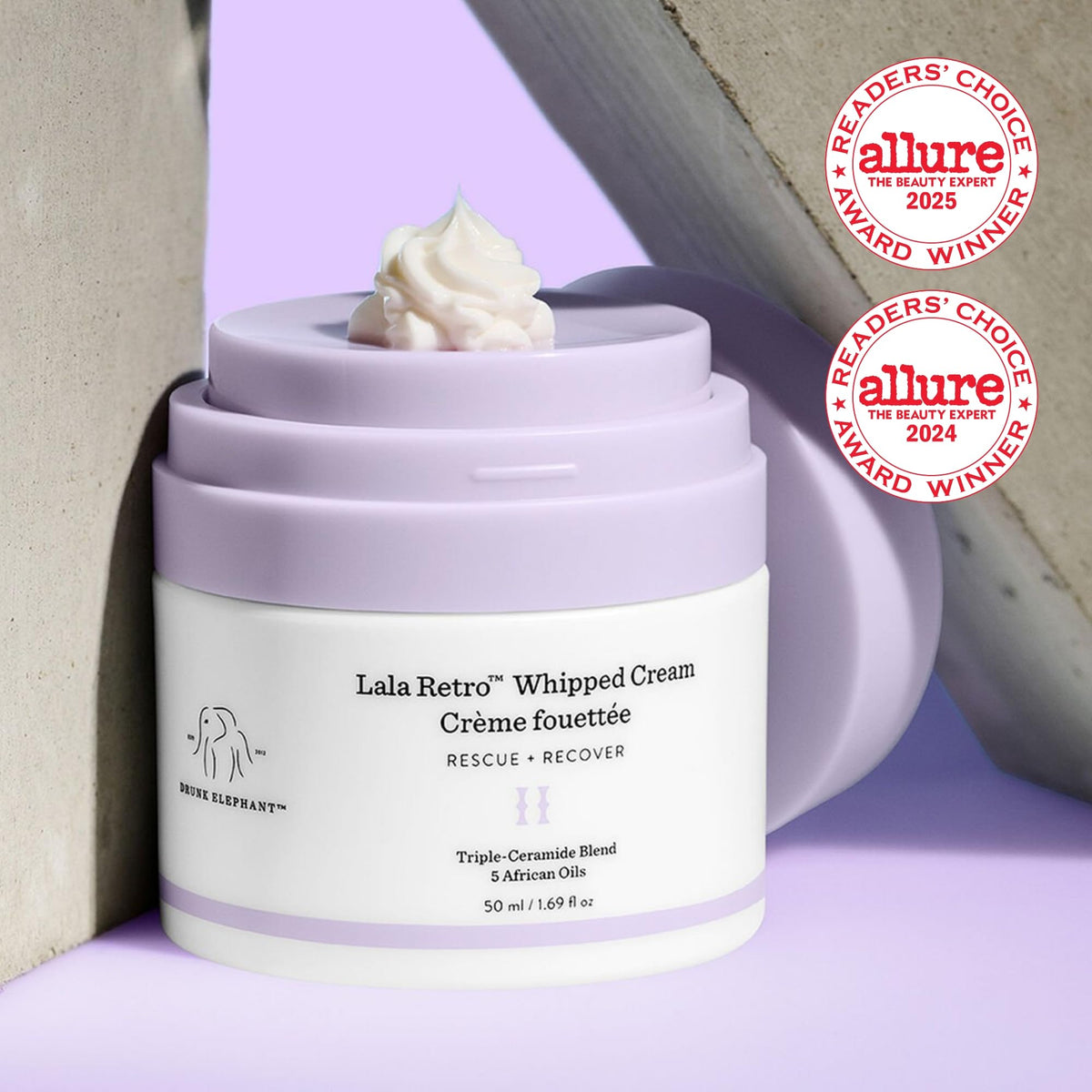 Drunk Elephant open jar showing airy whipped cream texture for quick absorption