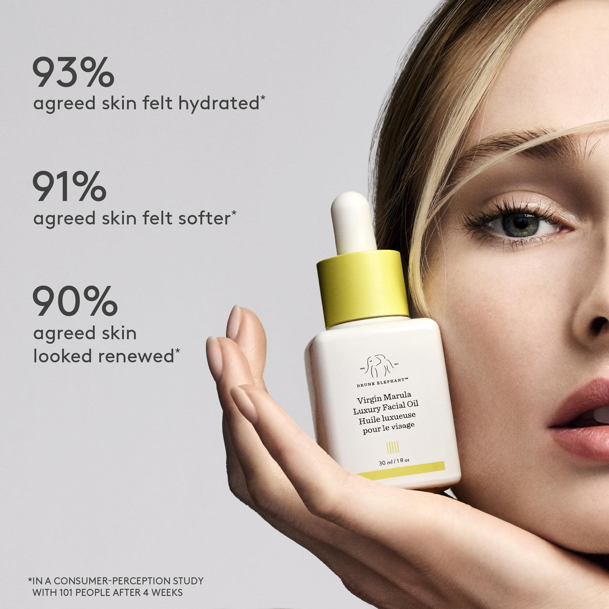 Drunk Elephant dropper applying two drops to fingertips for precise nourishing application