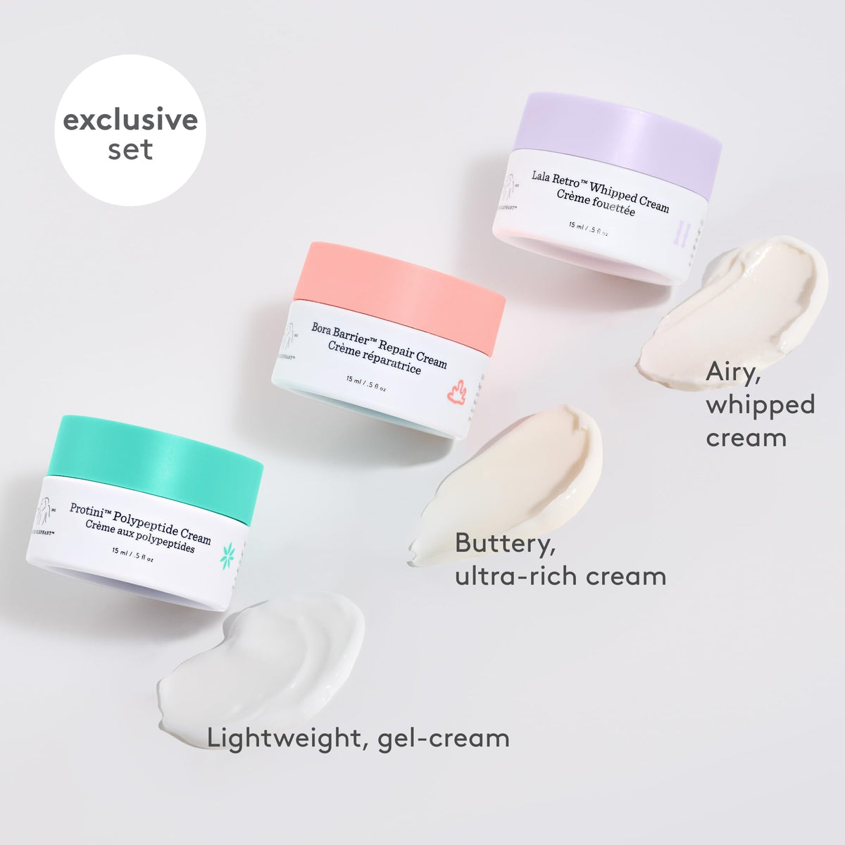 Drunk Elephant open mini jars revealing cream textures for easy sampling benefit