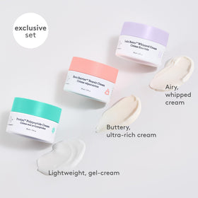 Drunk Elephant open mini jars revealing cream textures for easy sampling benefit