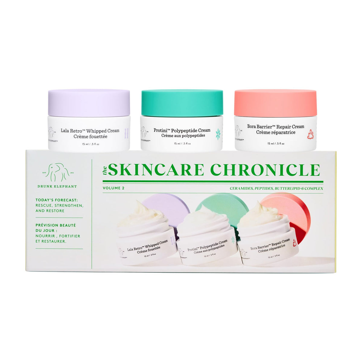 Drunk Elephant front packaging showing travel-size moisturizer trio and convenience