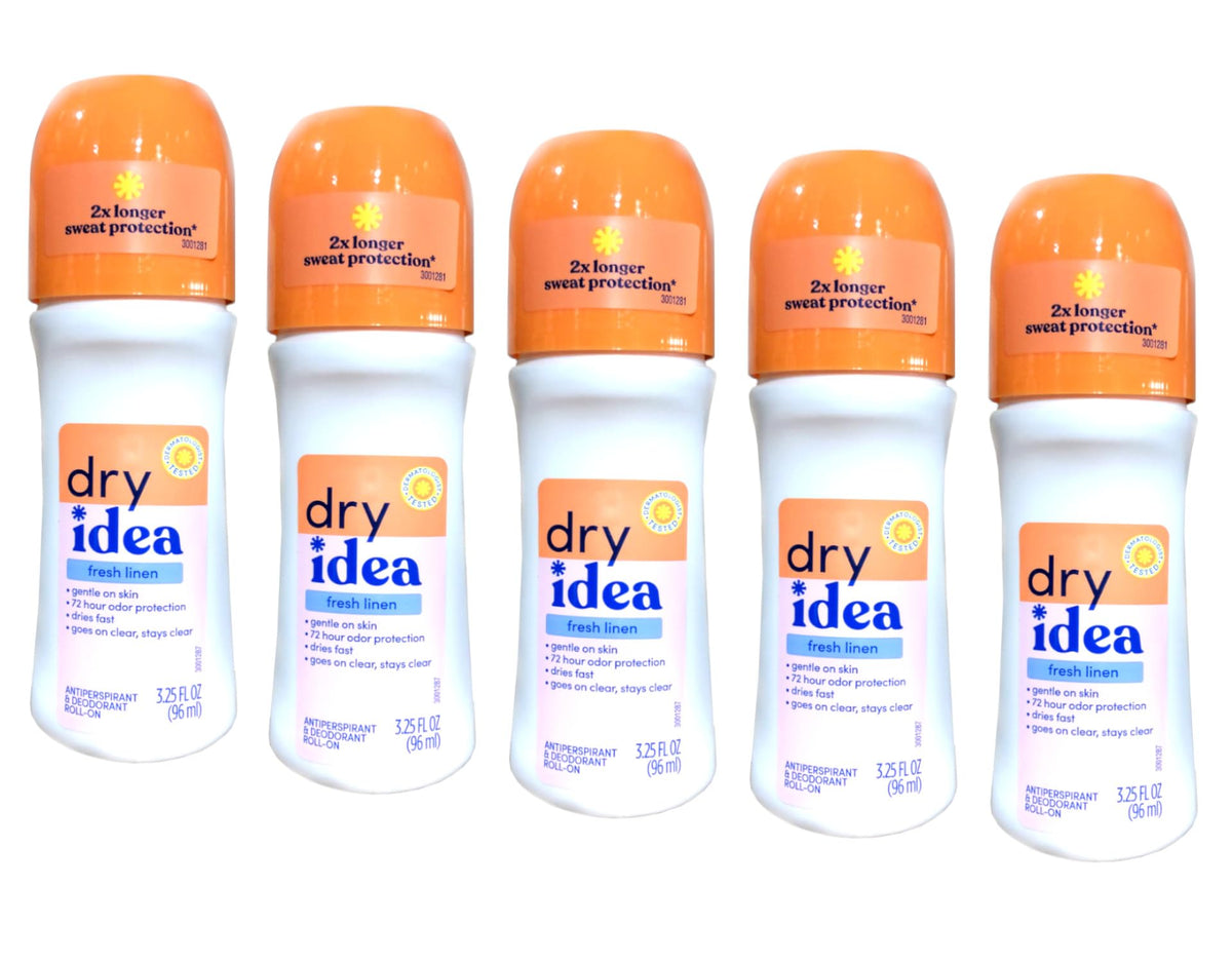 Dry Idea front packaging showing Fresh Linen roll-on for reliable odor protection