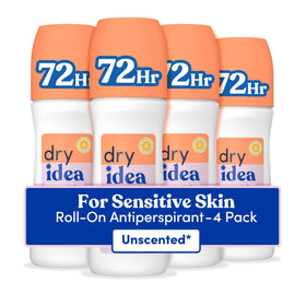 Dry Idea front packaging showing roll-on bottle and 4-pack benefit