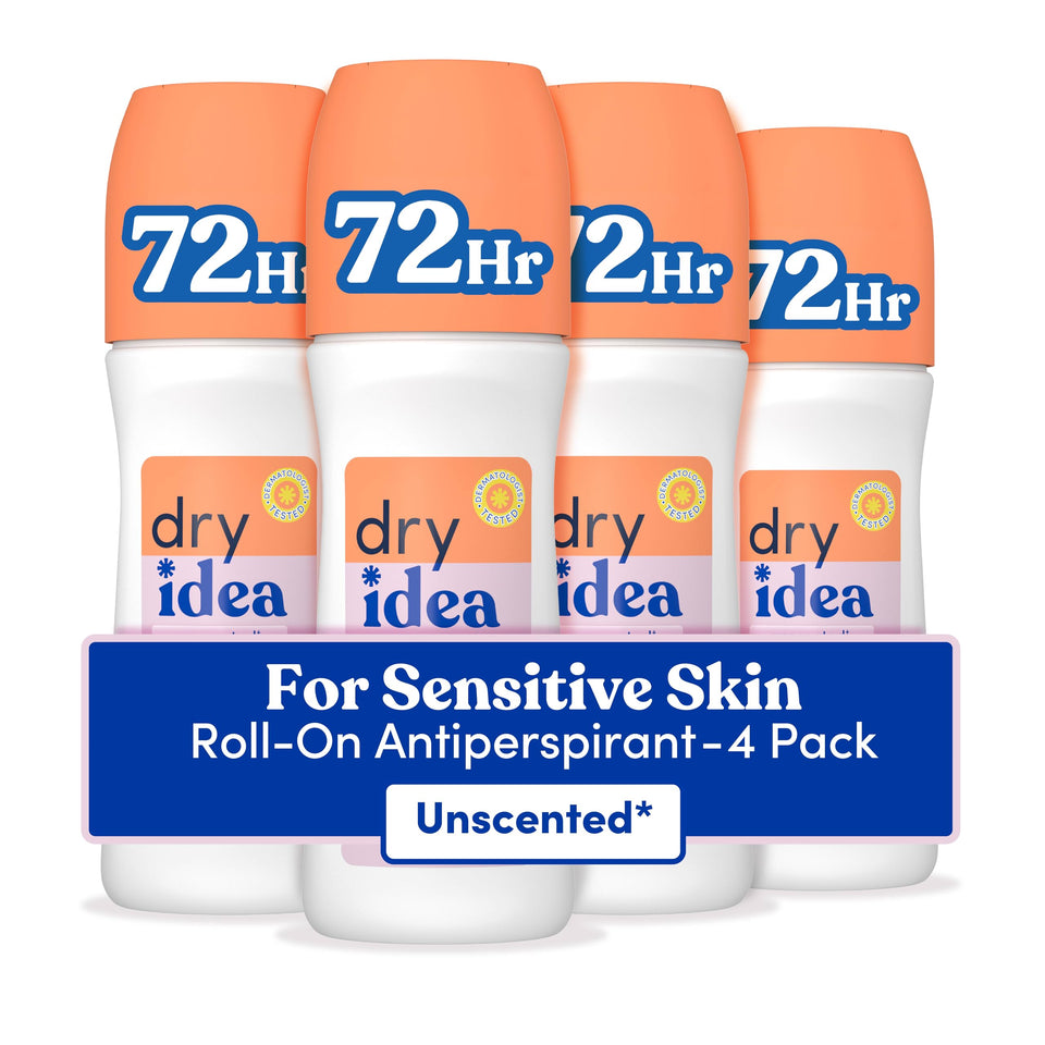 Dry Idea front packaging showing roll-on bottle and 4-pack benefit