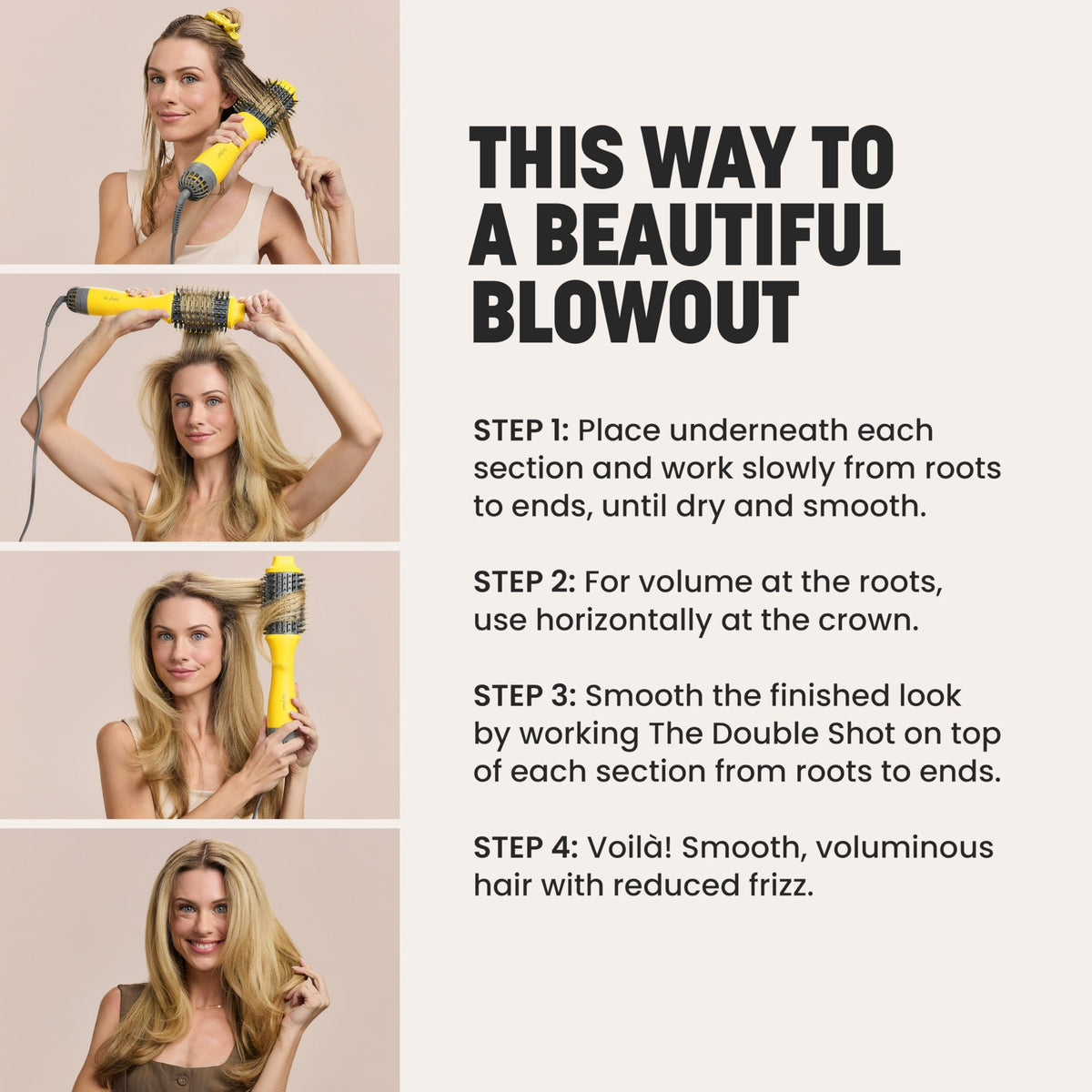 Drybar Double Shot in use on wet hair for one-step dry-and-style convenience