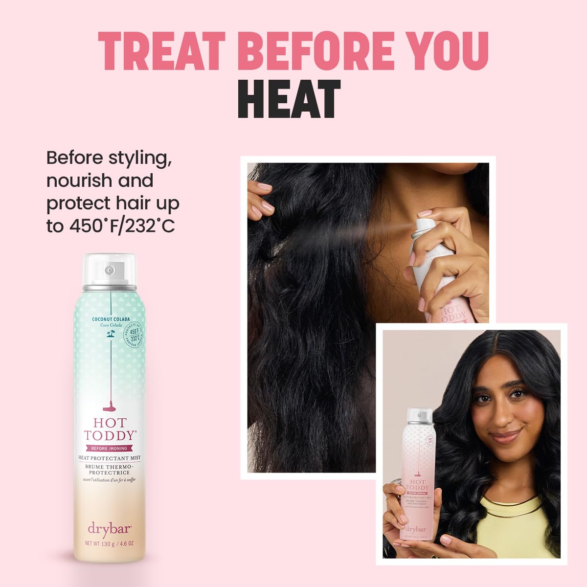 Drybar Hot Toddy misting onto hair for even lightweight protection