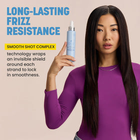 drybar Liquid Glass finished hair showing high shine and smooth, frizz-resistant results