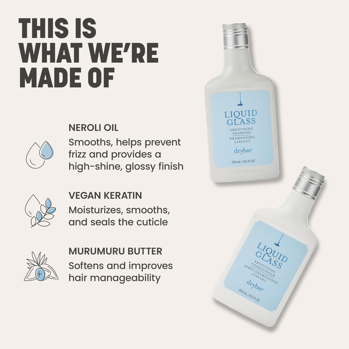 Neroli oil visual with flowers highlighting Drybar ingredient that smooths and adds glossy finish