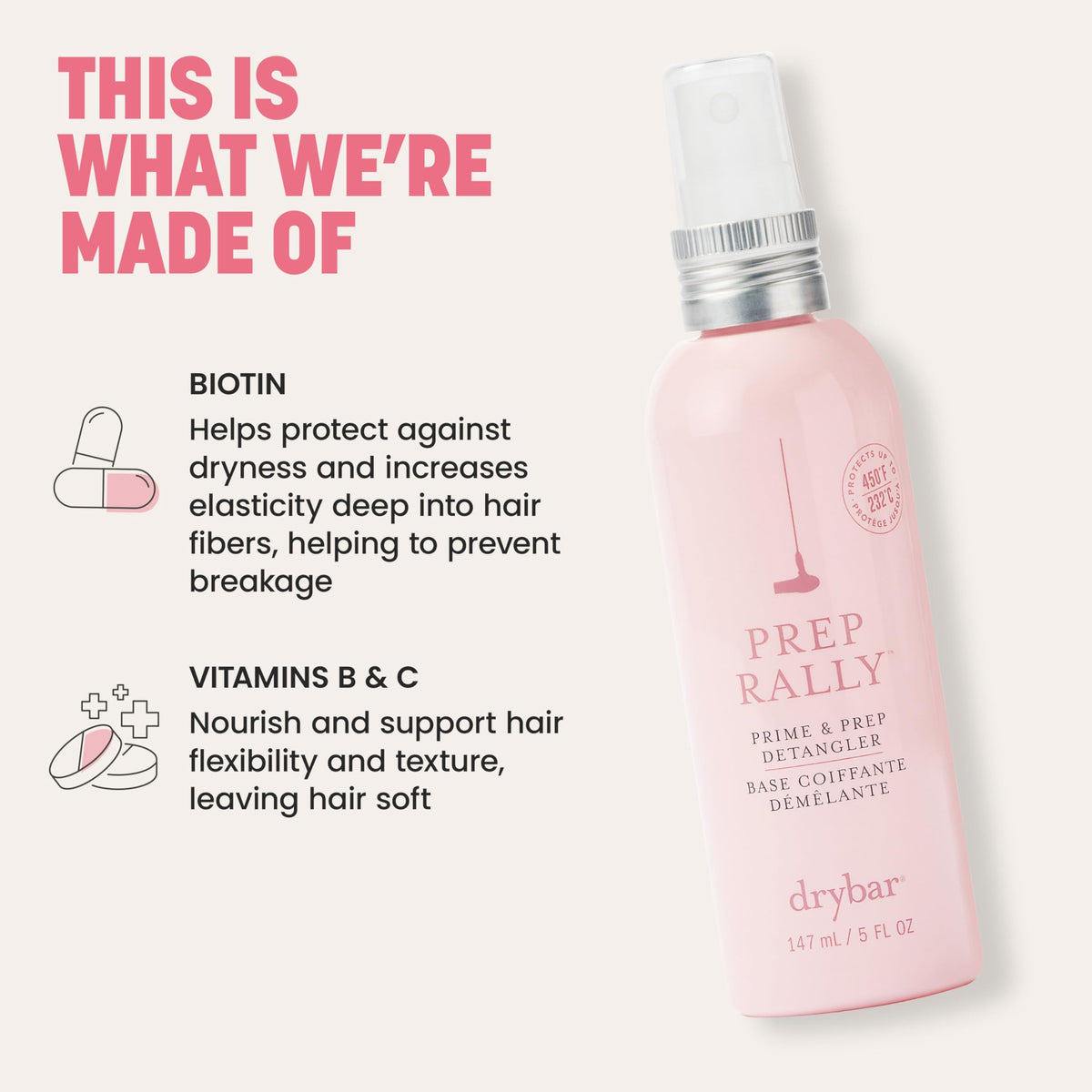 Drybar ingredient layout highlighting biotin and vitamins benefit