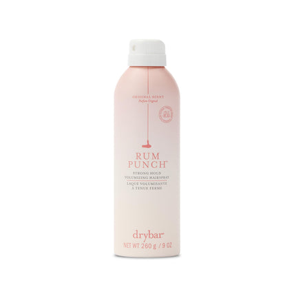Drybar front packaging shows strong hold benefits and clean styling